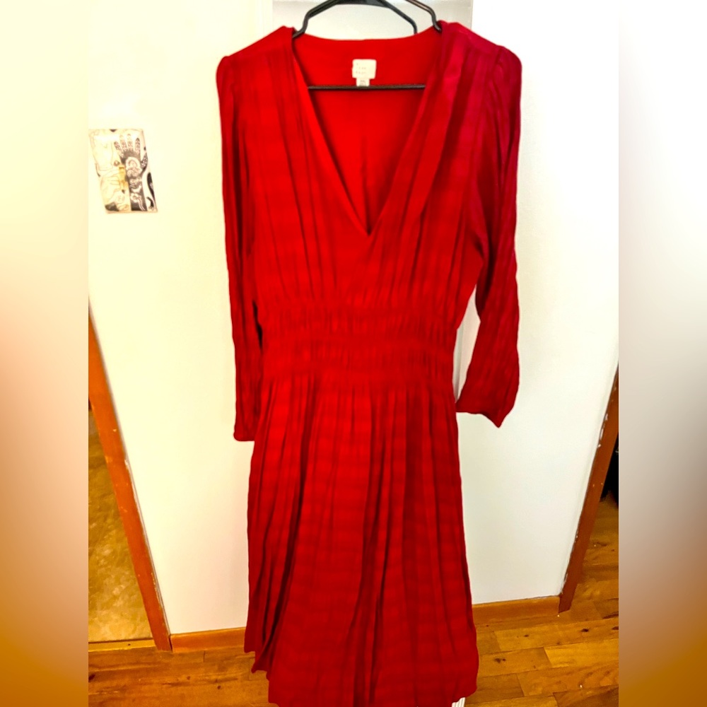 Red cinched waist dress.